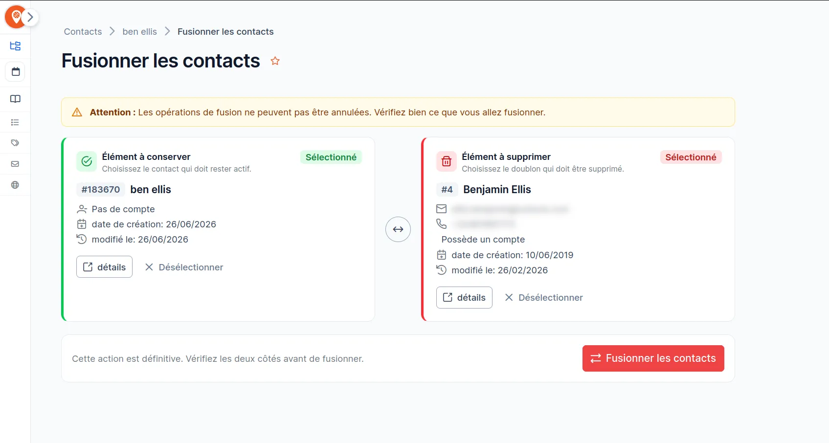 Sélection du contact à conserver lors de la fusion