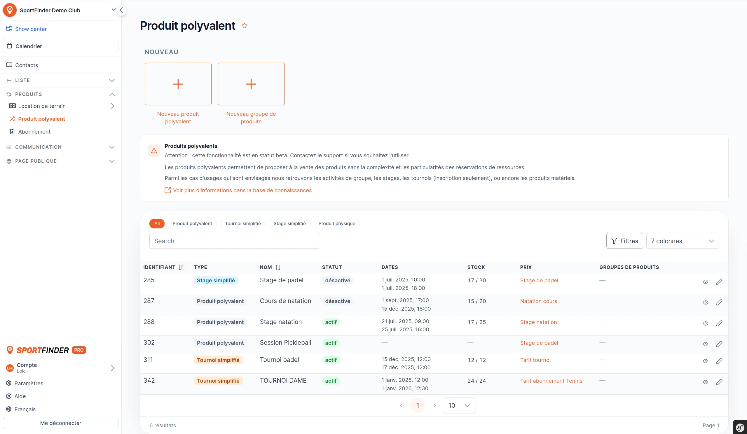 Menu Produit polyvalent dans l'espace de gestion